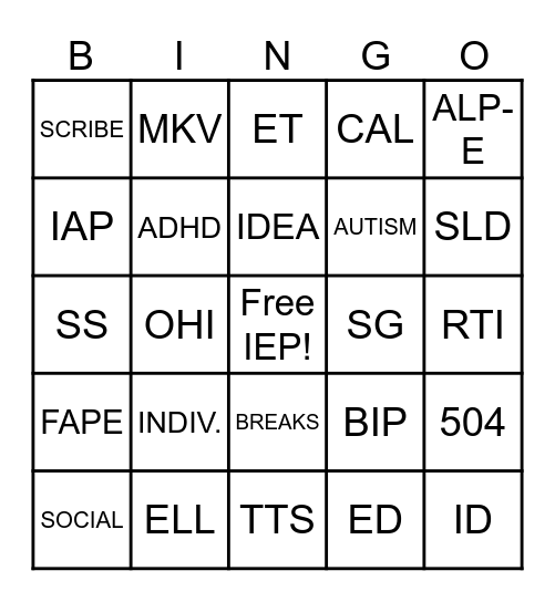 SPED Accommodations and Abbreviations Bingo Card