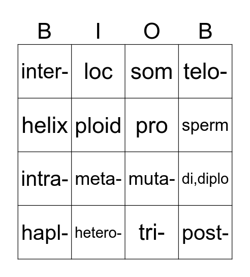 Bio B Word Parts Bingo Card
