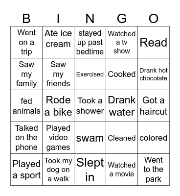 What did you do over break? Bingo Card