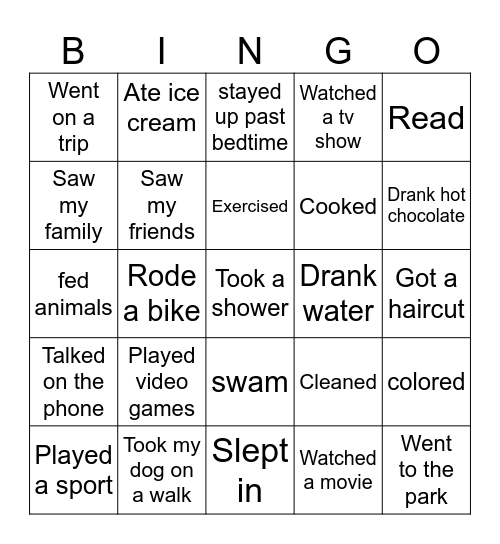 What did you do over break? Bingo Card