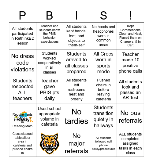 PBIS Homeroom Bingo Card