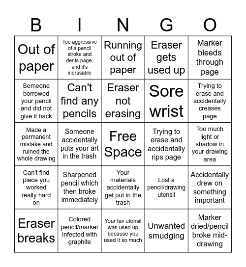 Traditional Artist Struggles Bingo Card