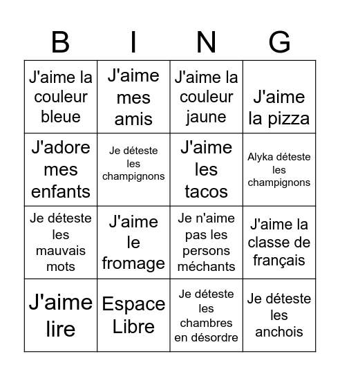 J'adore, J'aime, Je n'aime pas, Je déteste Bingo Card