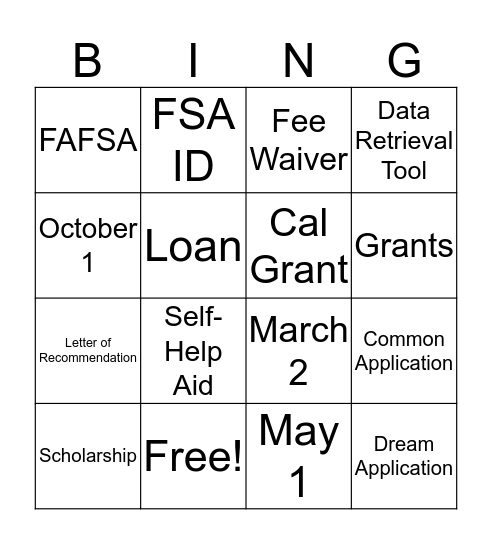 Financial Aid Bingo Card