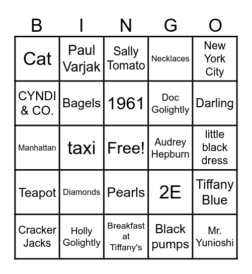 Breakfast at Tiffany's Bingo Card
