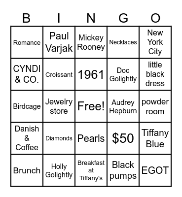 Breakfast at Tiffany's Bingo Card