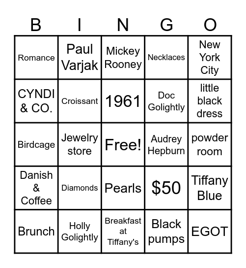 Breakfast at Tiffany's Bingo Card