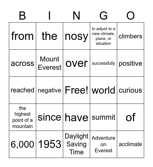 Adventure on Everest Bingo Card