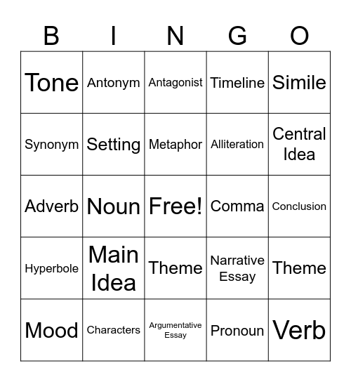 Middle School ELA Bingo Card