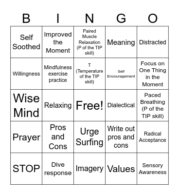 Distress Tolerance Bingo Card