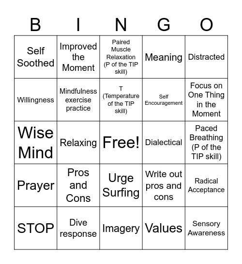 Distress Tolerance Bingo Card