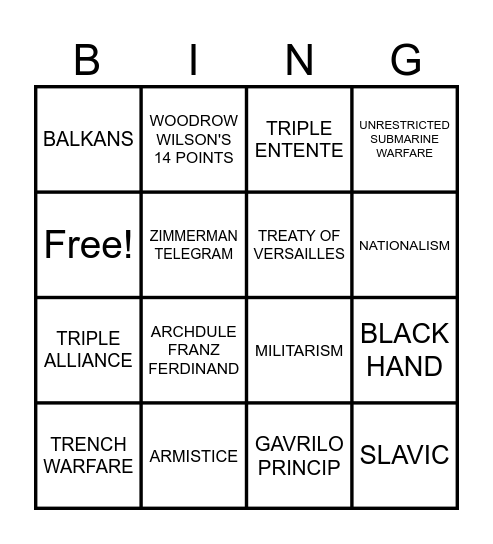 WWI VOCAB BINGO Card