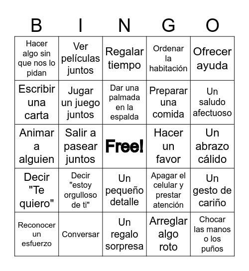 Bingo "Los lenguajes del amor" Bingo Card