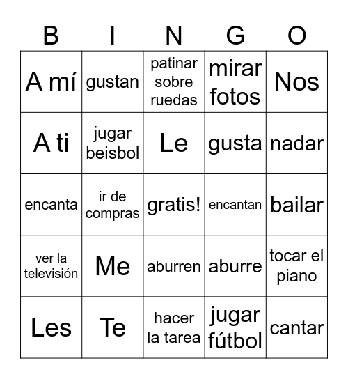Español 1 Vocab/Gustar/Aburrir/Encantar Bingo Card