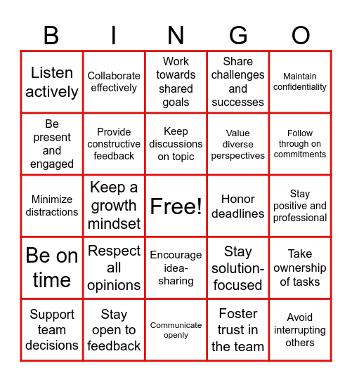 PLC Commitments Bingo Card