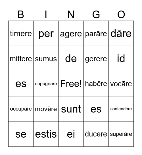 Latin Verbs and Pronouns Bingo Card