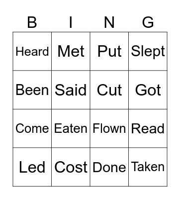Past participle irregular verbs Bingo Card