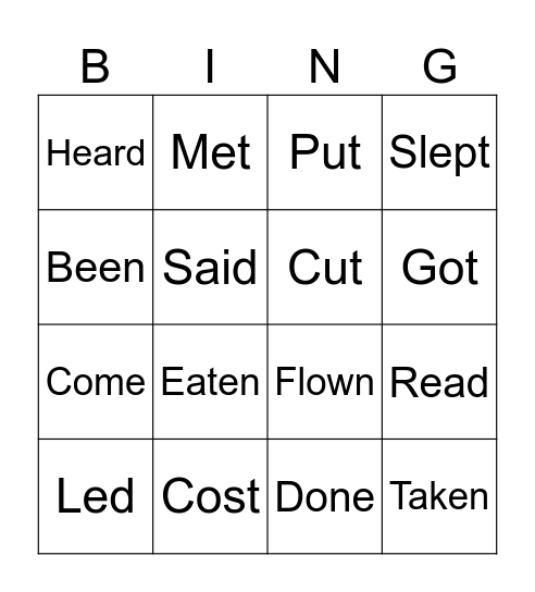 Past participle irregular verbs Bingo Card