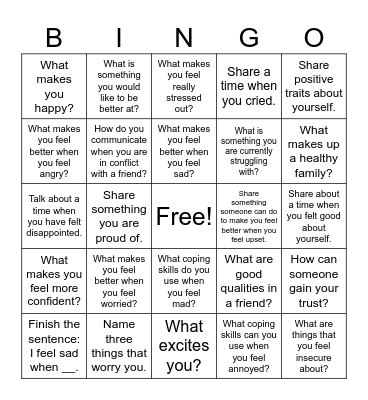 Emotional Regulation Bingo Card