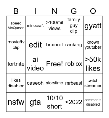 yt shorts bingo Card