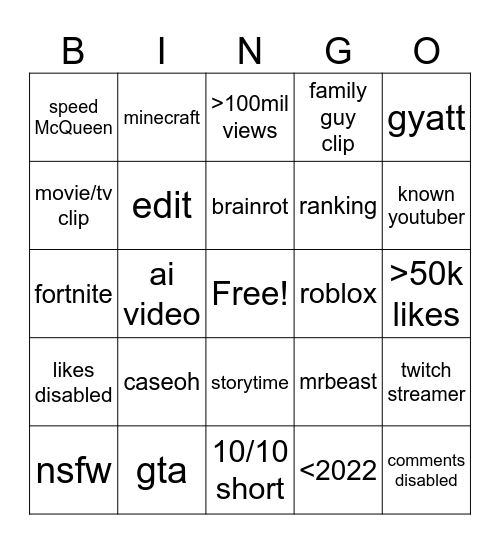 yt shorts bingo Card