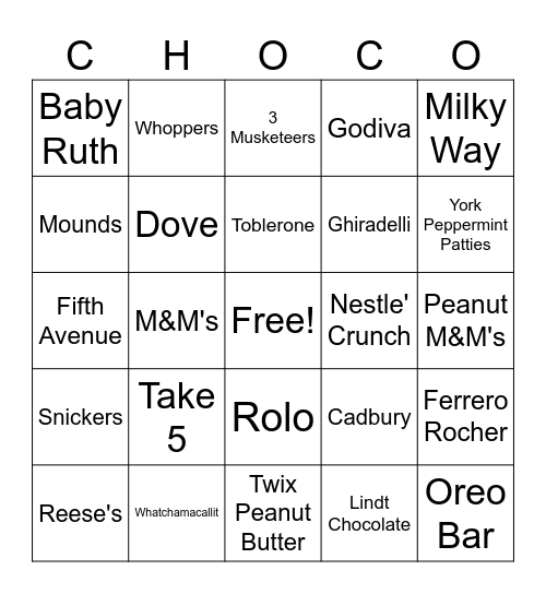 Chocolate Bingo Card
