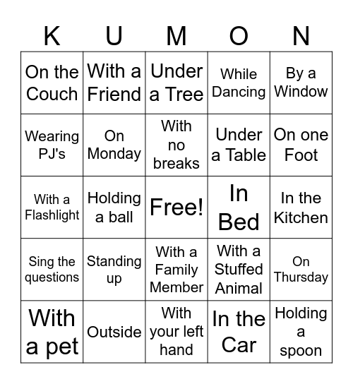 Kumon Spring Break Bingo Card