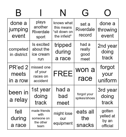 track and field bingo Card