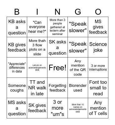 Student Seminar Bingo Card