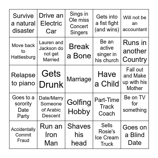 Brody's 10 Year Bingo Card