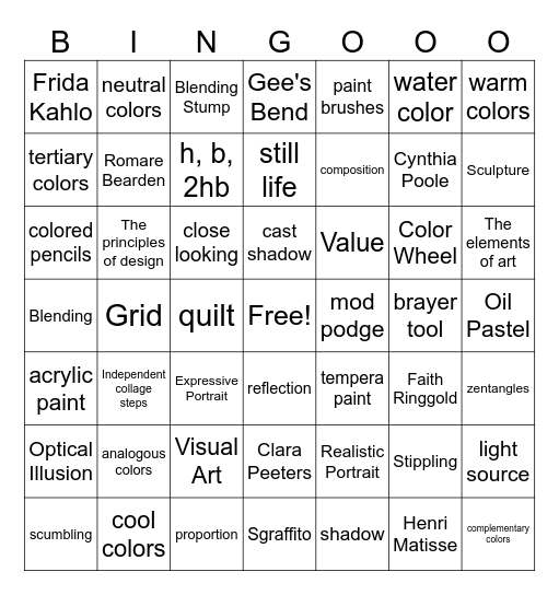 Visual Art Bingo Card