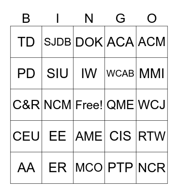 Claims Lingo Bingo Card
