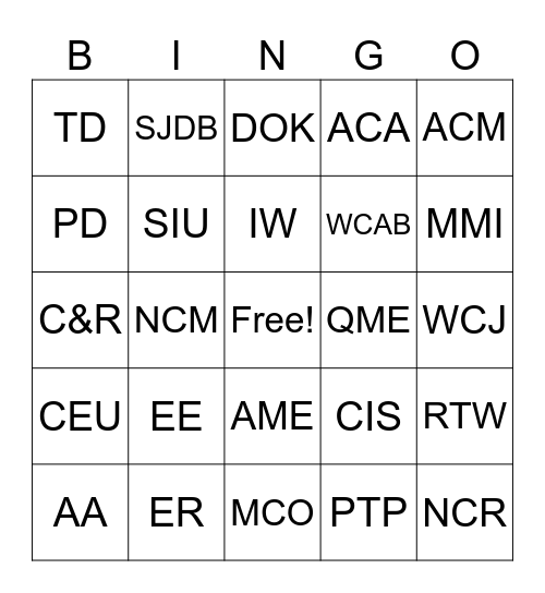 Claims Lingo Bingo Card