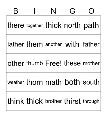 -th- voiced and unvoiced List 1 Bingo Card
