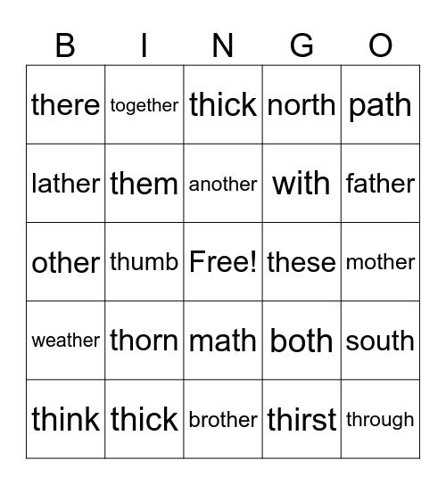 -th- voiced and unvoiced List 1 Bingo Card