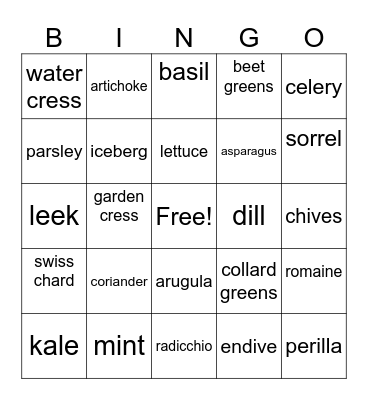 Fruits and Veggies Bingo Card
