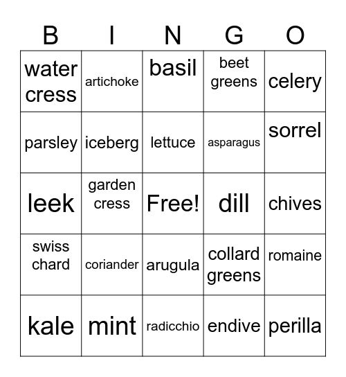 Fruits and Veggies Bingo Card