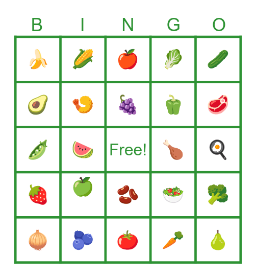 Healthy Foods Bingo Card