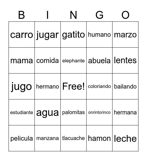 spanish bingo Card