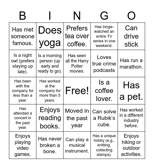 Get to Know You Bingo Card