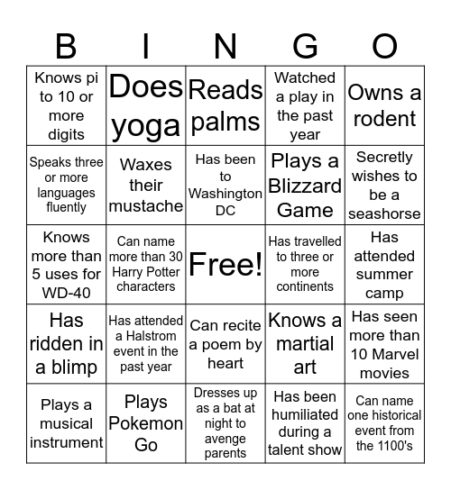 Getting to Know You Bingo Card