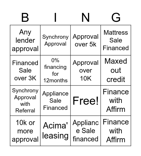 Financing Bingo Card