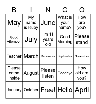 Year 7 Bingo Card