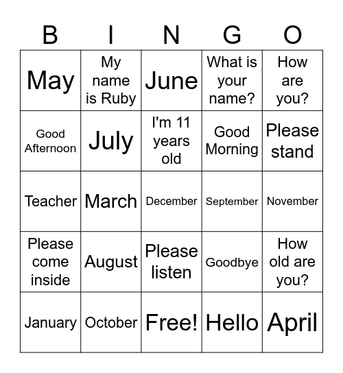 Year 7 Bingo Card
