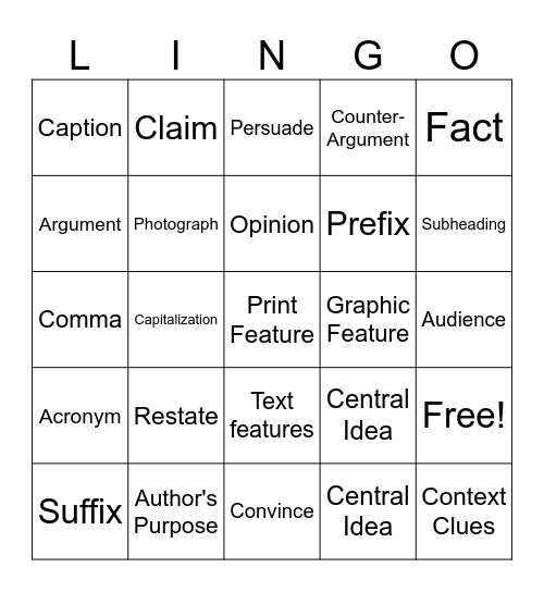 Argument/ Informational Academic Vocabulary Bingo Card