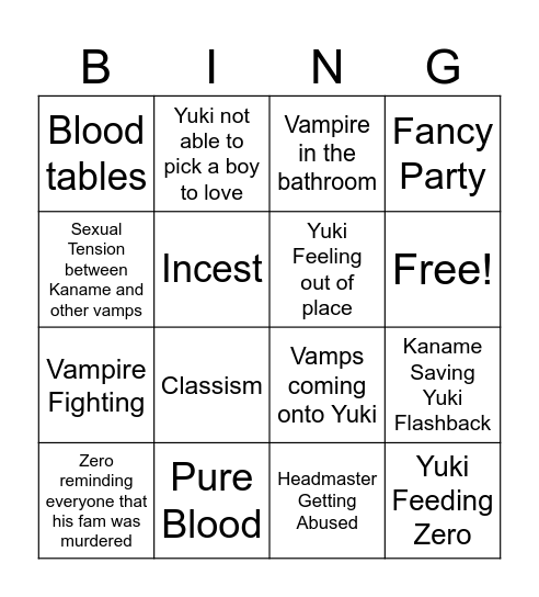Vampire Knight Bingo Card