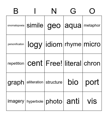 Figurative Language & Greek/Latin Roots Bingo Card