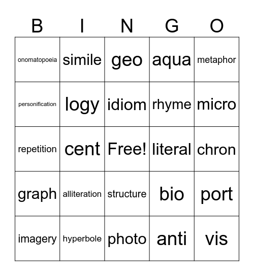 Figurative Language & Greek/Latin Roots Bingo Card