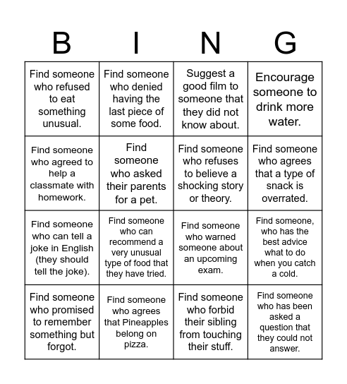 Reporting verbs Bingo Card