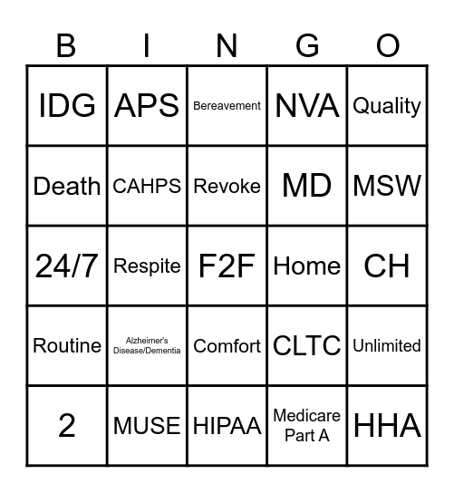 Hospice 101 Bingo Card